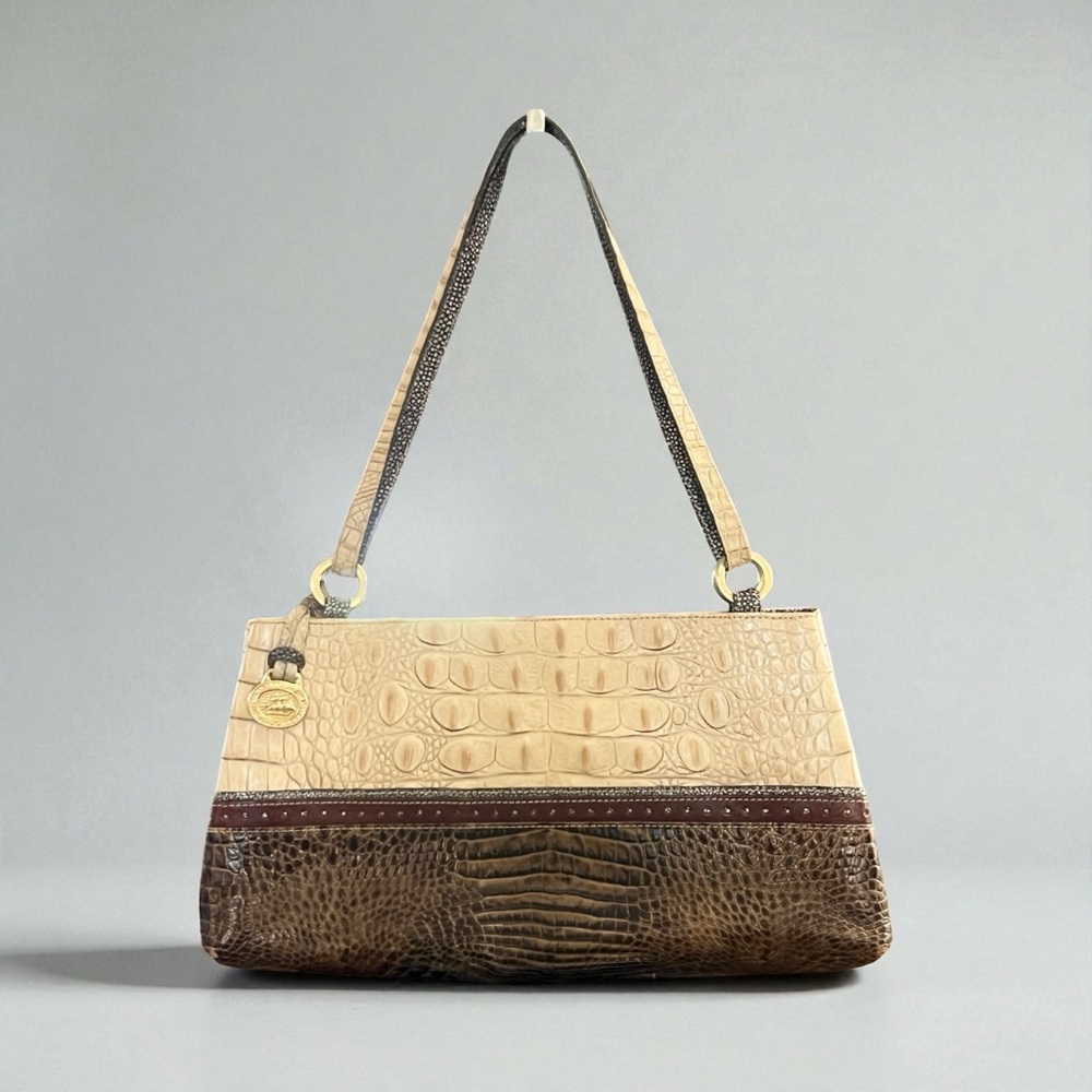 Vintage Brahmin Two-Tone Shoulder Bag Pecan & Cream Crocodile Embossed Leather